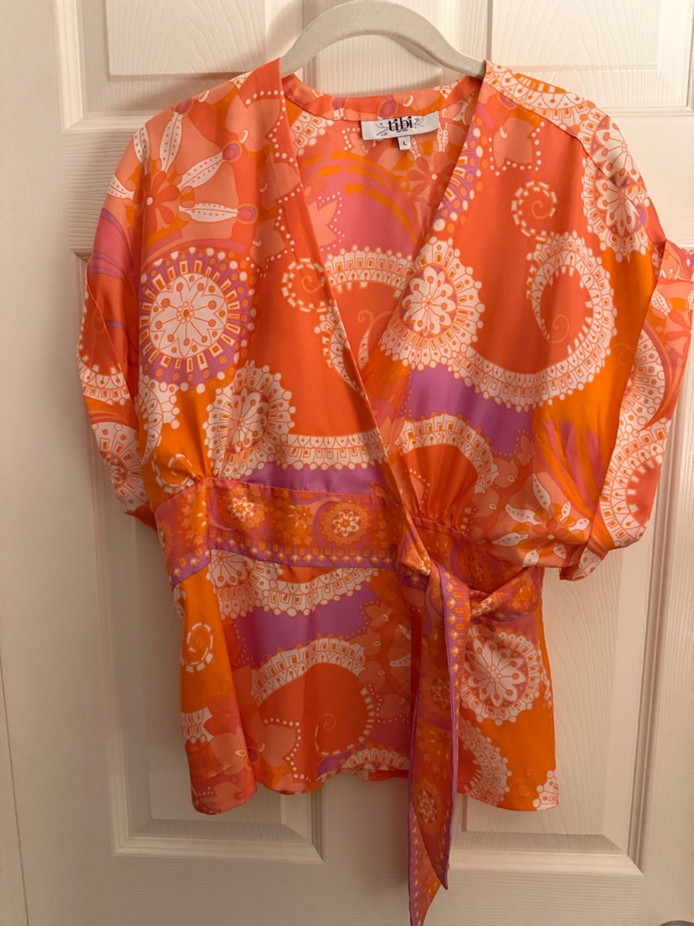 Tibi Orange Pink Patterned Wrap Blouse